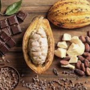 Cocoa Beans in pods on wooden table